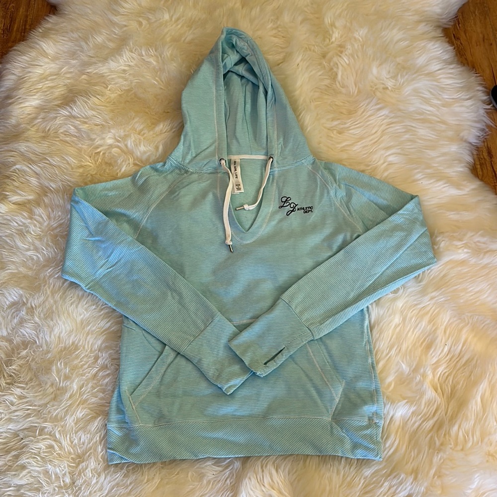 Lorna Jane Life Hoodie, size Large. Light blue with white stripes.